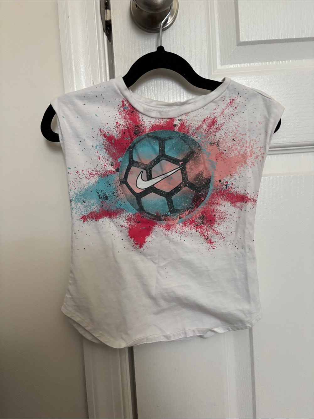 Nike White Tank Top with Pink and Teal Soccer Graphic
